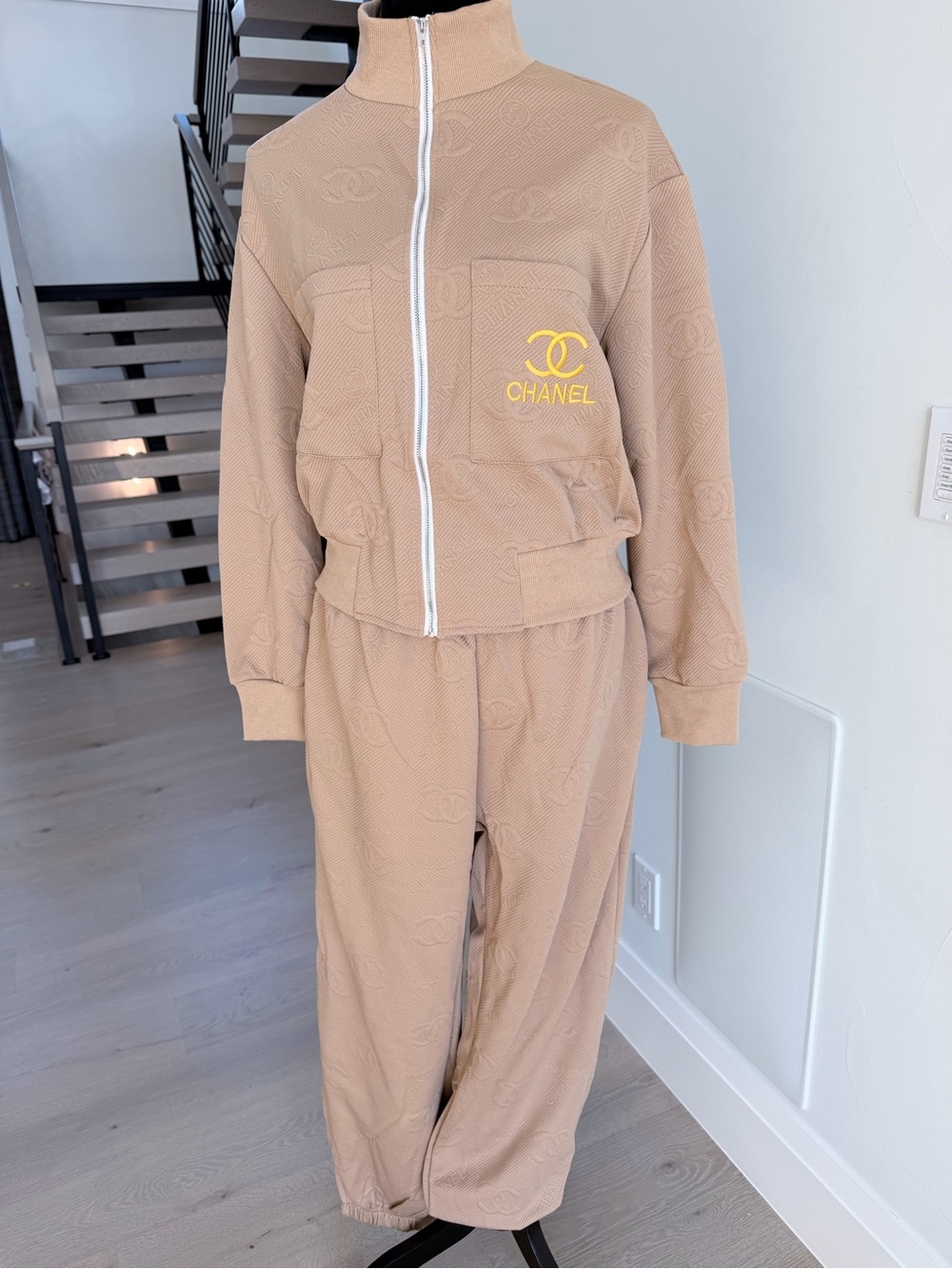 CHANEL Beige Track Pants & Zip Jacket with Yellow Logo size L